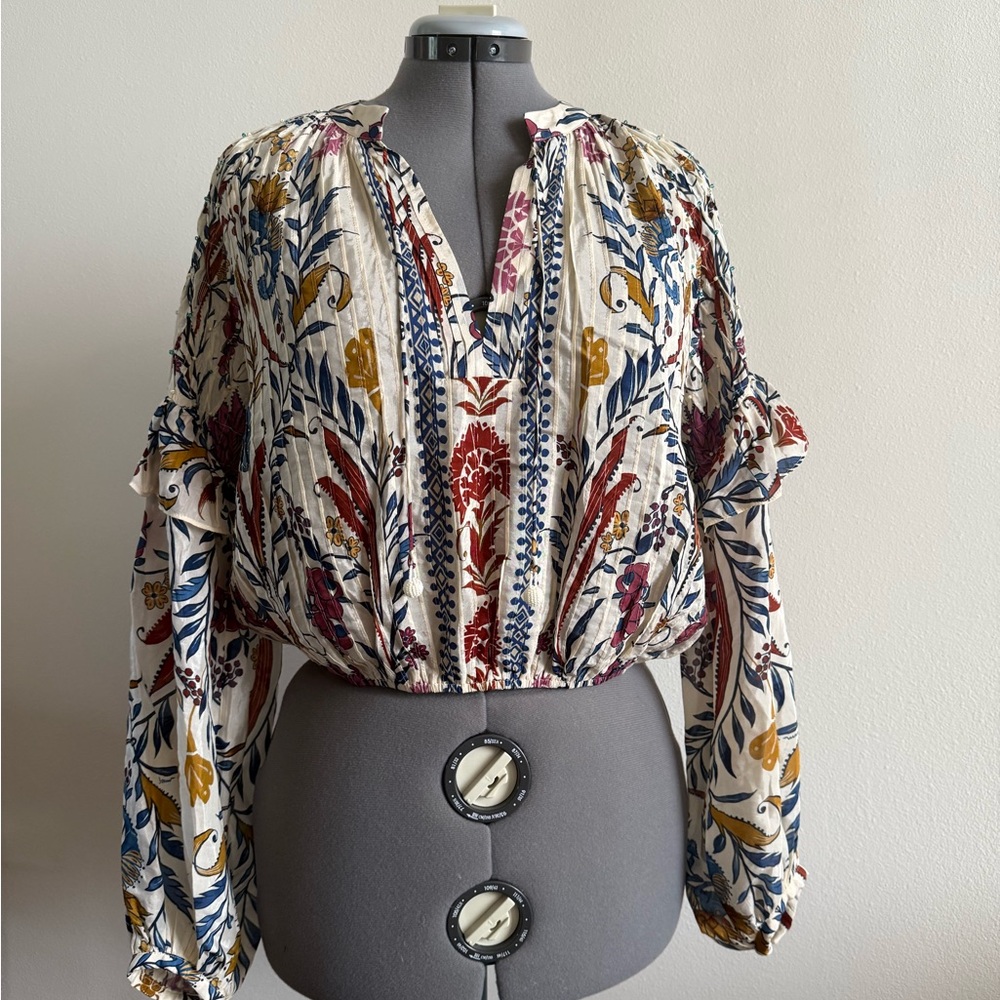 FARM Rio Brown and Red Ruffled Blouse with Mandarin Collar TOP ONLY